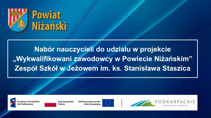 NABÓR NAUCZYCIELI NA KURSY W RAMACH PROJEKTU   „WYKWALIFIKOWANI ZAWODOWCY W POWIECIE NIŻAŃSKIM” ZESPÓŁ SZKÓŁ W JEŻOWEM IM. KS. STANISŁAWA STASZICA